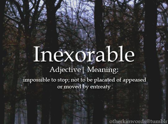 An image of trees in a dense wood with the text:

Inexorable
Adjective
Meaning:
impossible to stop; not to be placated or appeased or moved by entreaty